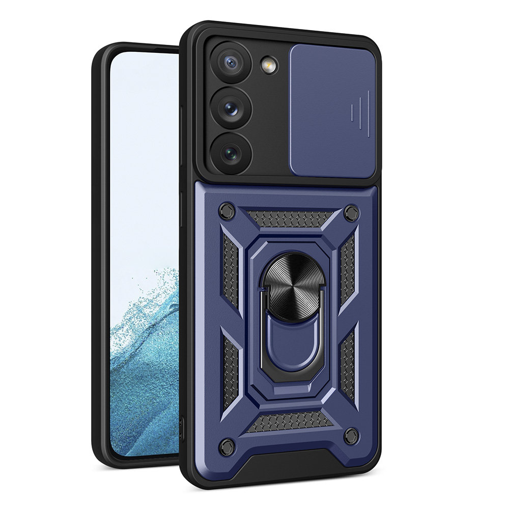 Samsung Galaxy S23+ (S23 Plus) Telefontok - Hybrid Armor Camshield - kék szilikon tok, kitámasztó ujjgyűrűvel, csúsztatható kameravédővel
