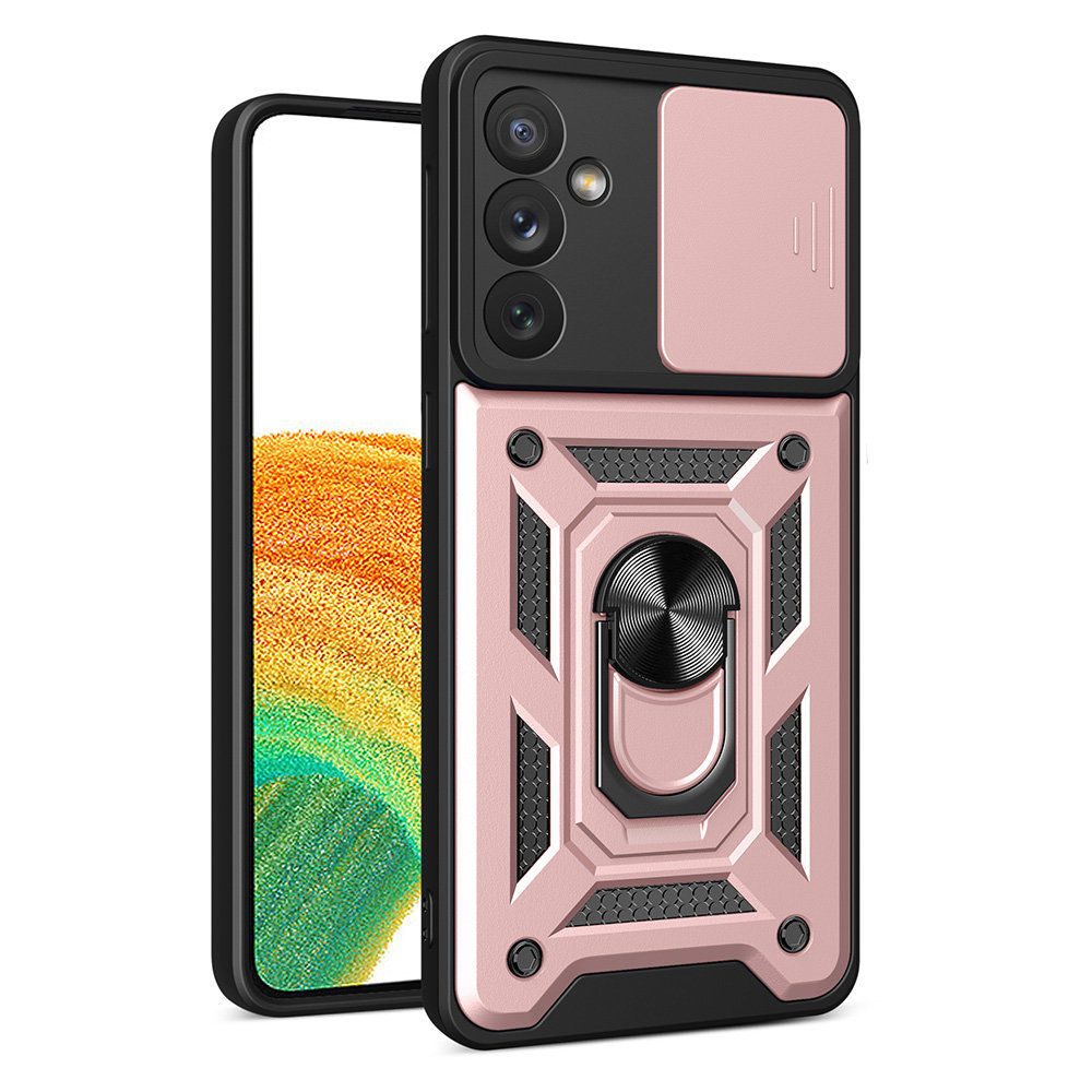 Samsung Galaxy A14 4G / LTE (A145) Telefontok - Hybrid Armor Camshield - pink szilikon tok, kitámasztó ujjgyűrűvel, csúsztatható kameravédővel