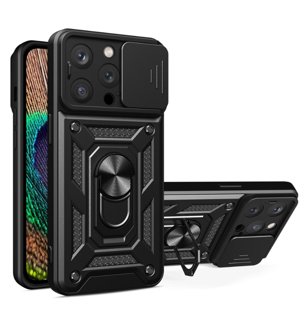 iPhone 15 Pro Max Telefontok - Camshield - fekete szilikon tok, kitámasztó ujjgyűrűvel, csúsztatható kameravédővel