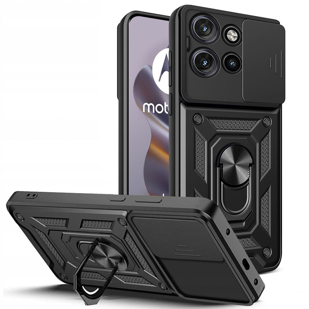 Telefontok Motorola Edge 50 Neo 5G - Camshield - fekete szilikon tok, kitámasztó ujjgyűrűvel, csúsztatható kameravédővel