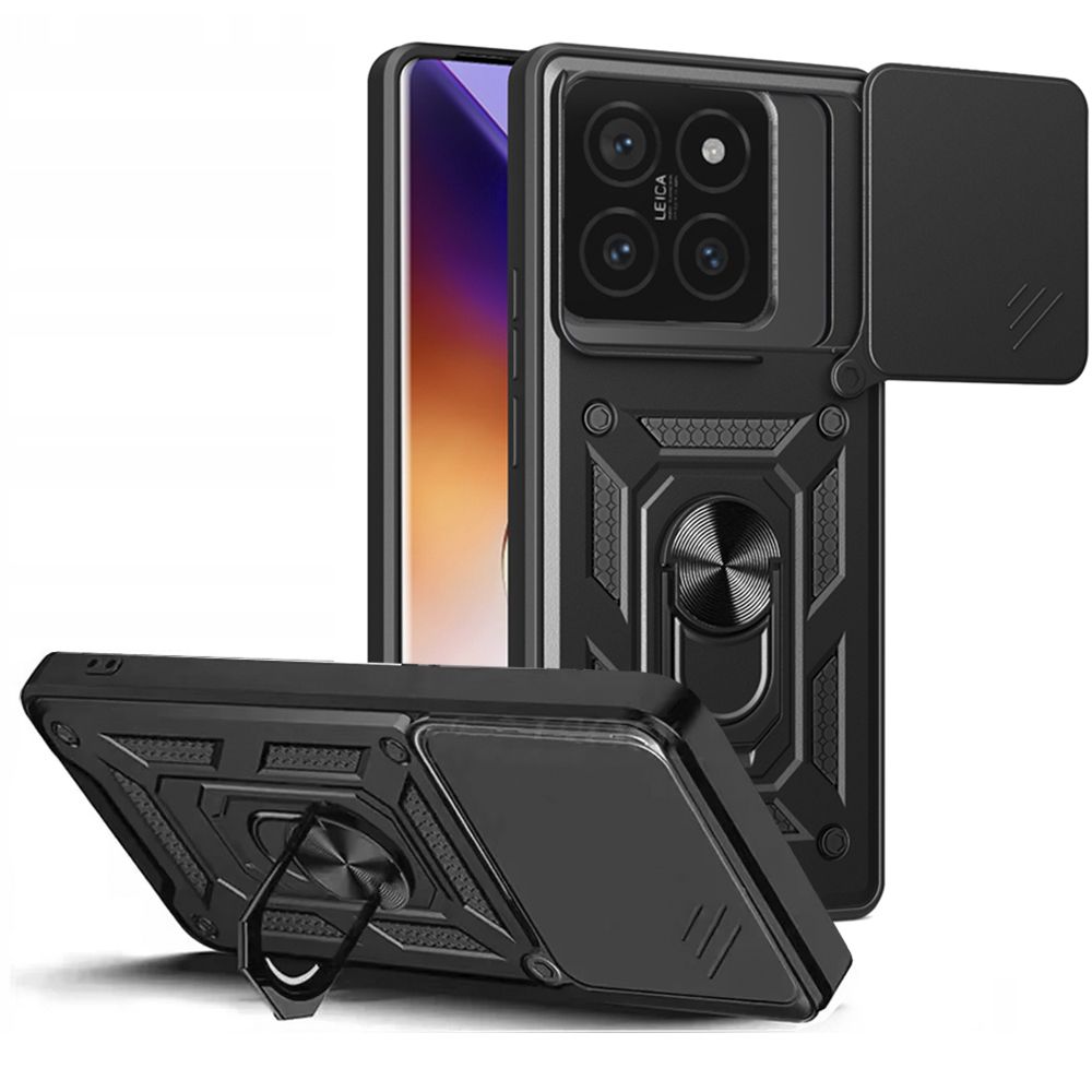 Telefontok Xiaomi 14T Pro - Camshield - fekete szilikon tok, kitámasztó ujjgyűrűvel, csúsztatható kameravédővel