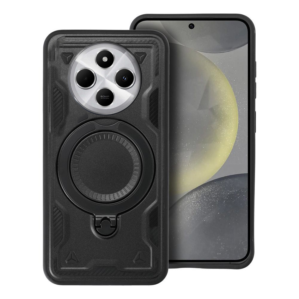 Xiaomi Redmi 14C telefontok - FROST ARMOR fekete szilikon tok, kitámasztó ujjgyűrűvel