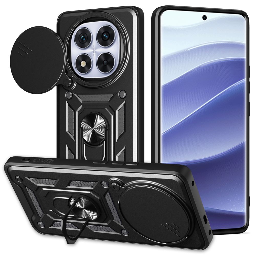 Xiaomi Redmi Note 14 Pro+ 5G telefontok - Camshield - fekete szilikon tok, kitámasztó ujjgyűrűvel, csúsztatható kameravédővel