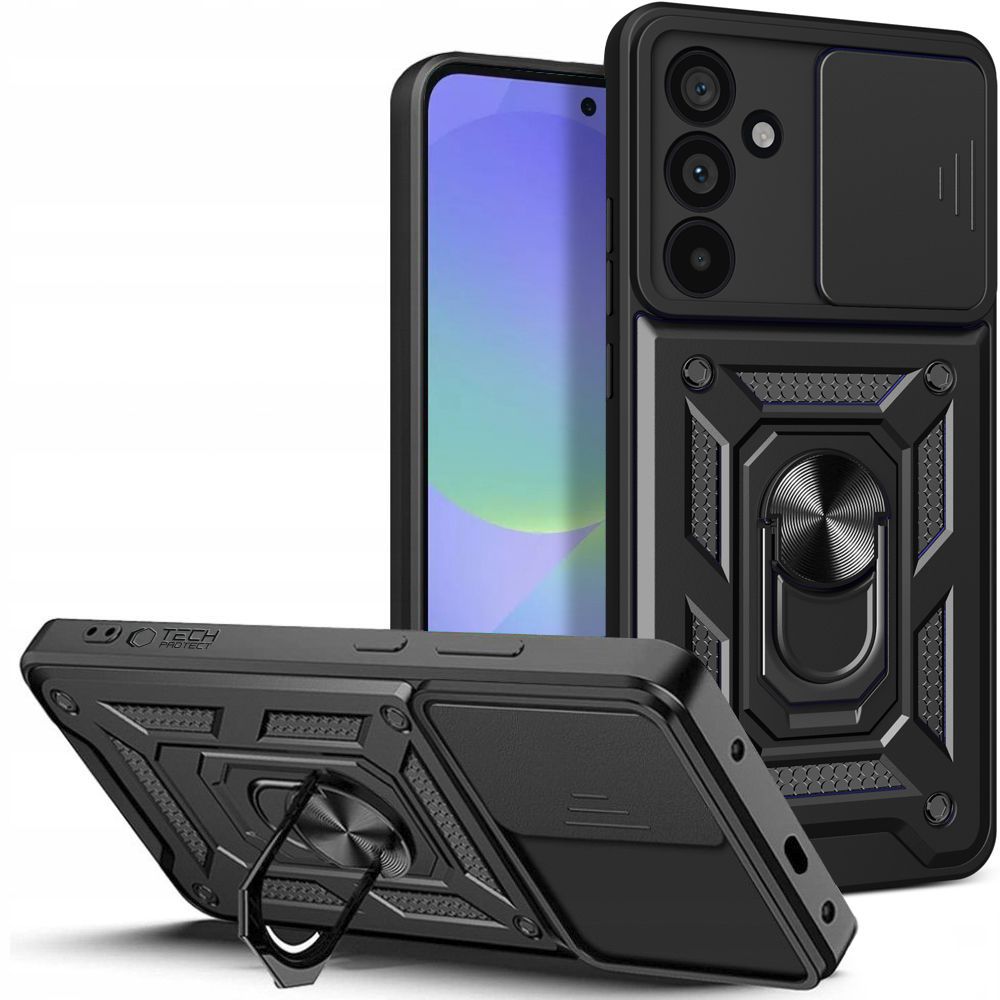 Telefontok Samsung Galaxy A36 5G - Camshield - fekete szilikon tok, kitámasztó ujjgyűrűvel, csúsztatható kameravédővel
