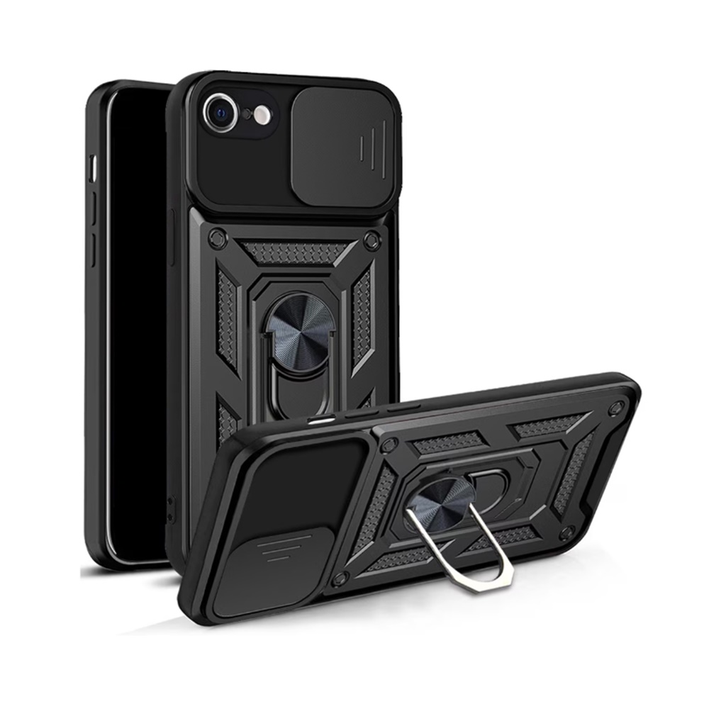 Telefontok iPhone 16e - Camshield - fekete szilikon tok, kitámasztó ujjgyűrűvel, csúsztatható kameravédővel