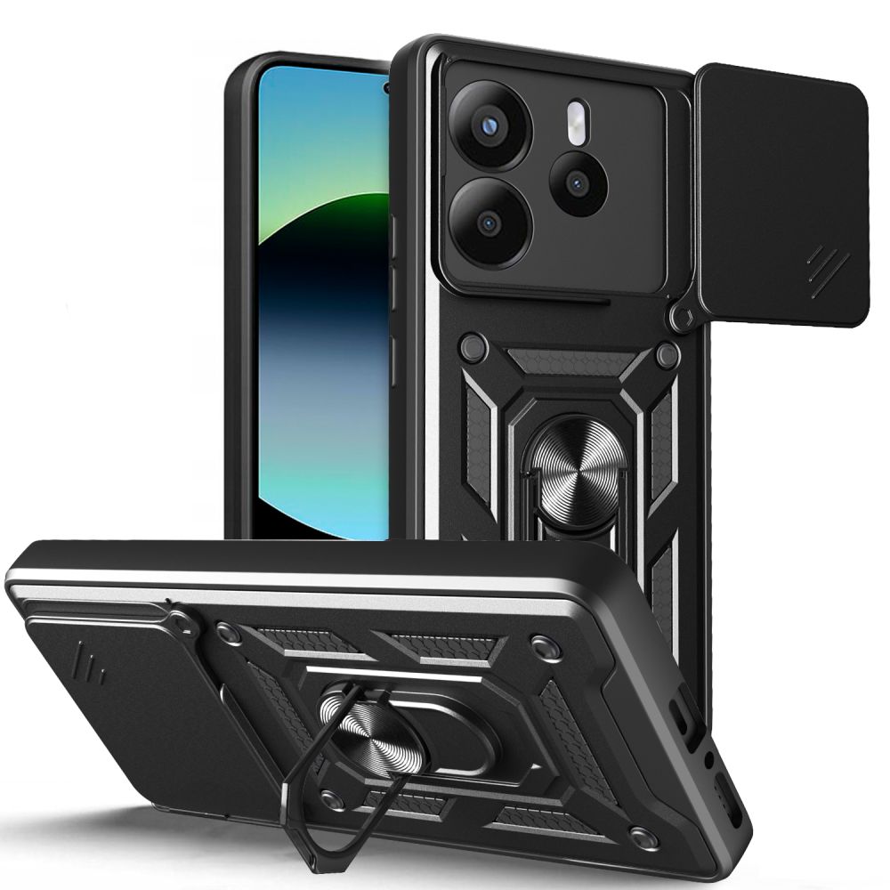 Telefontok Xiaomi Redmi Note 14 4G / LTE - Camshield - fekete szilikon tok, kitámasztó ujjgyűrűvel, csúsztatható kameravédővel