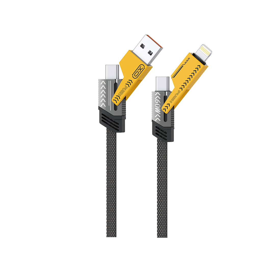XO NB283 kábel - 4in1 kábel - (USB - Lightning / Type-C / MicroUSB) fekete szövetkábel, 60W, 1m