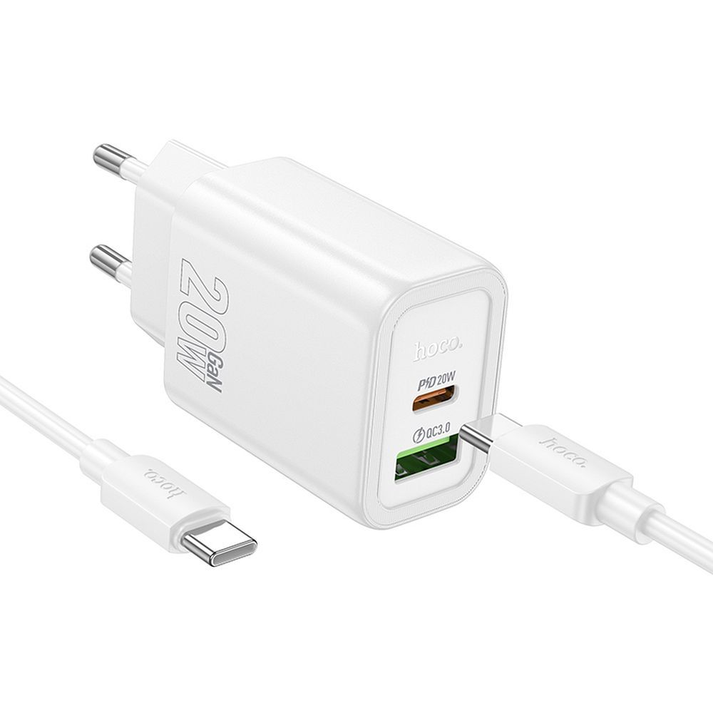 HOCO N61 - USB / Type-C (USB-C) portos fehér hálózati gyors töltőfej, 20W + Type-C / Type-C (USB-C) kábel, 1m
