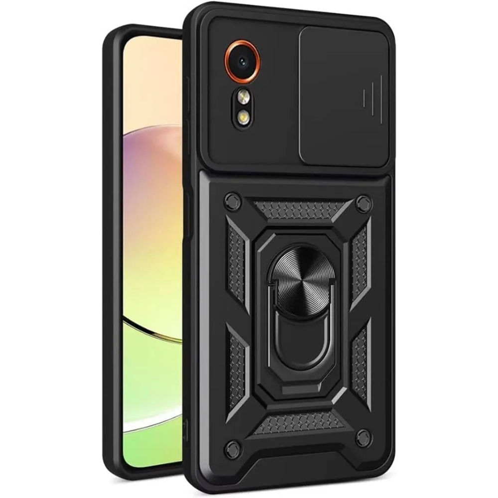 Telefontok Samsung Galaxy Xcover 7 5G - Camshield - fekete szilikon tok, kitámasztó ujjgyűrűvel, csúsztatható kameravédővel