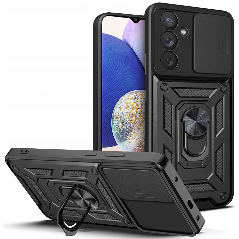 Telefontok Samsung Galaxy A17 4G / 5G - Camshield - fekete szilikon tok, kitámasztó ujjgyűrűvel, csúsztatható kameravédővel