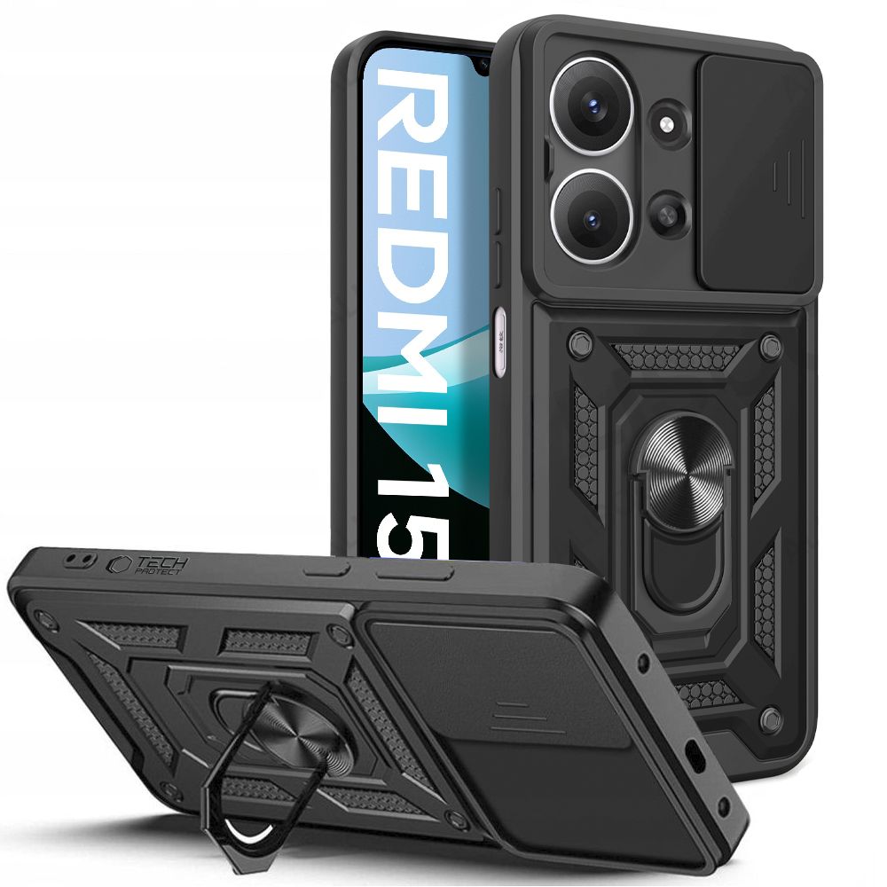 Telefontok Xiaomi Redmi 15C - Camshield - fekete szilikon tok, kitámasztó ujjgyűrűvel, csúsztatható kameravédővel