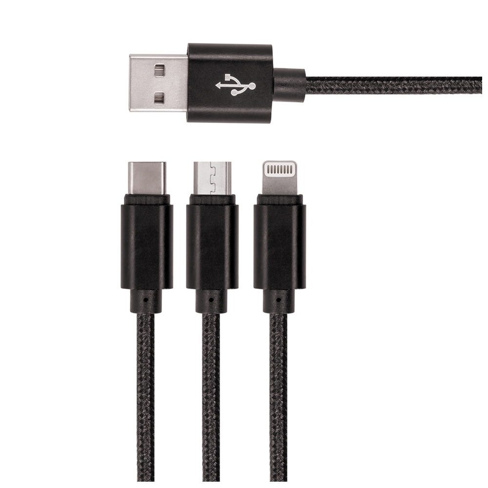 Setty 3in1 kábel - USB - Lightning / Type-C / MicroUSB fekete szövet kábel 2A, 1,2m Setty 3in1 kábel - USB - Lightning / Type-C / MicroUSB fekete szövet kábel 2A, 1,2m