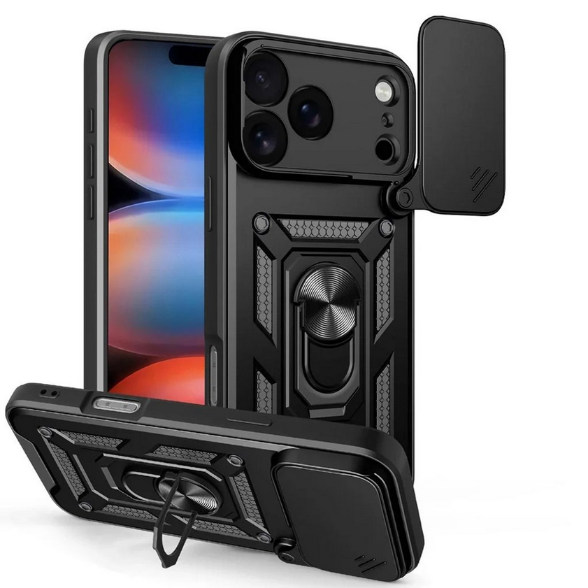 Telefontok iPhone 17 Pro Max - Camshield - fekete szilikon tok, kitámasztó ujjgyűrűvel, csúsztatható kameravédővel ﻿