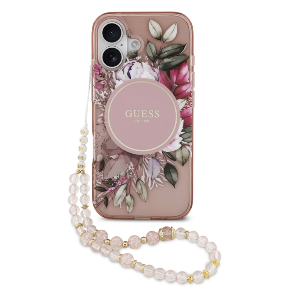 Telefontok iPhone 17 - Guess IML Flowers - virágmintás, pink átlátszó MagSafe kompatilibilis hátlap tok Telefontok iPhone 17 - Guess IML Flowers - virágmintás, pink átlátszó MagSafe kompatilibilis hátlap tok