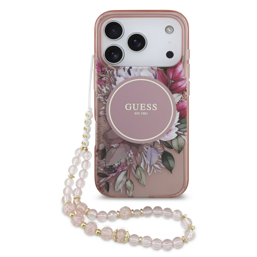 Telefontok iPhone 17 Pro - Guess IML Flowers - virágmintás, pink átlátszó MagSafe kompatilibilis hátlap tok Telefontok iPhone 17 Pro - Guess IML Flowers - virágmintás, pink átlátszó MagSafe kompatilibilis hátlap tok