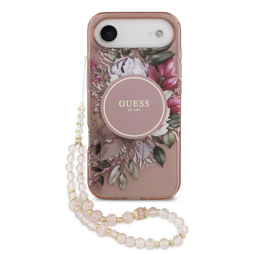Telefontok iPhone 17 Air - Guess IML Flowers - virágmintás, pink átlátszó MagSafe kompatilibilis hátlap tok Telefontok iPhone 17 Air - Guess IML Flowers - virágmintás, pink átlátszó MagSafe kompatilibilis hátlap tok