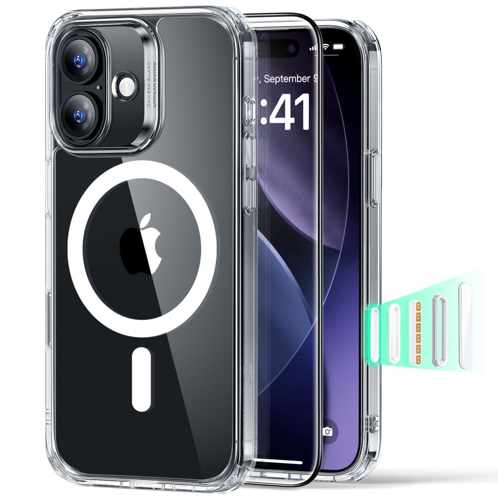 Telefontok iPhone 17 - ESR CLASSIC HYBRID HALOLOCK MagSafe átlátszó hátlap tok + fekete keretes ÜVEGFÓLIA + felhelyezést segítő keret Telefontok iPhone 17 - ESR CLASSIC HYBRID HALOLOCK MagSafe átlátszó hátlap tok + fekete keretes ÜVEGFÓLIA + felhelyezést segítő keret