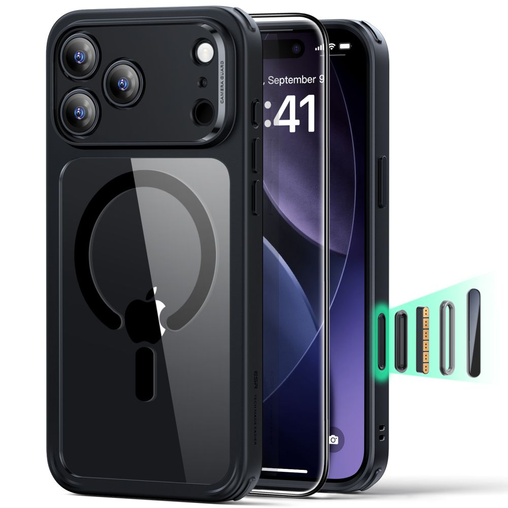 Telefontok iPhone 17 Pro Max - ESR CLASSIC HYBRID HALOLOCK MagSafe átlátszó / fekete hátlap tok + fekete keretes ÜVEGFÓLIA + felhelyezést segítő keret Telefontok iPhone 17 Pro Max - ESR CLASSIC HYBRID HALOLOCK MagSafe átlátszó / fekete hátlap tok + fekete keretes ÜVEGFÓLIA + felhelyezést segítő keret