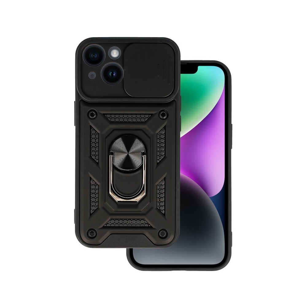 Telefontok iPhone 14 - Camshield - fekete szilikon tok, kitámasztó ujjgyűrűvel, csúsztatható kameravédővel Telefontok iPhone 14 - Camshield - fekete szilikon tok, kitámasztó ujjgyűrűvel, csúsztatható kameravédővel