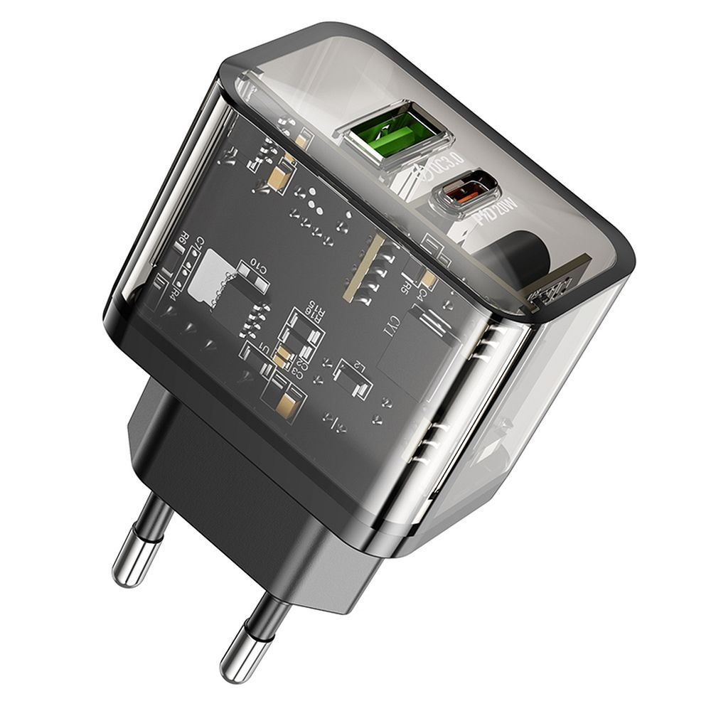 Hoco N34 - USB / Type-C (USB-C) portos átlátszó hálózati gyors töltőfej, 20W