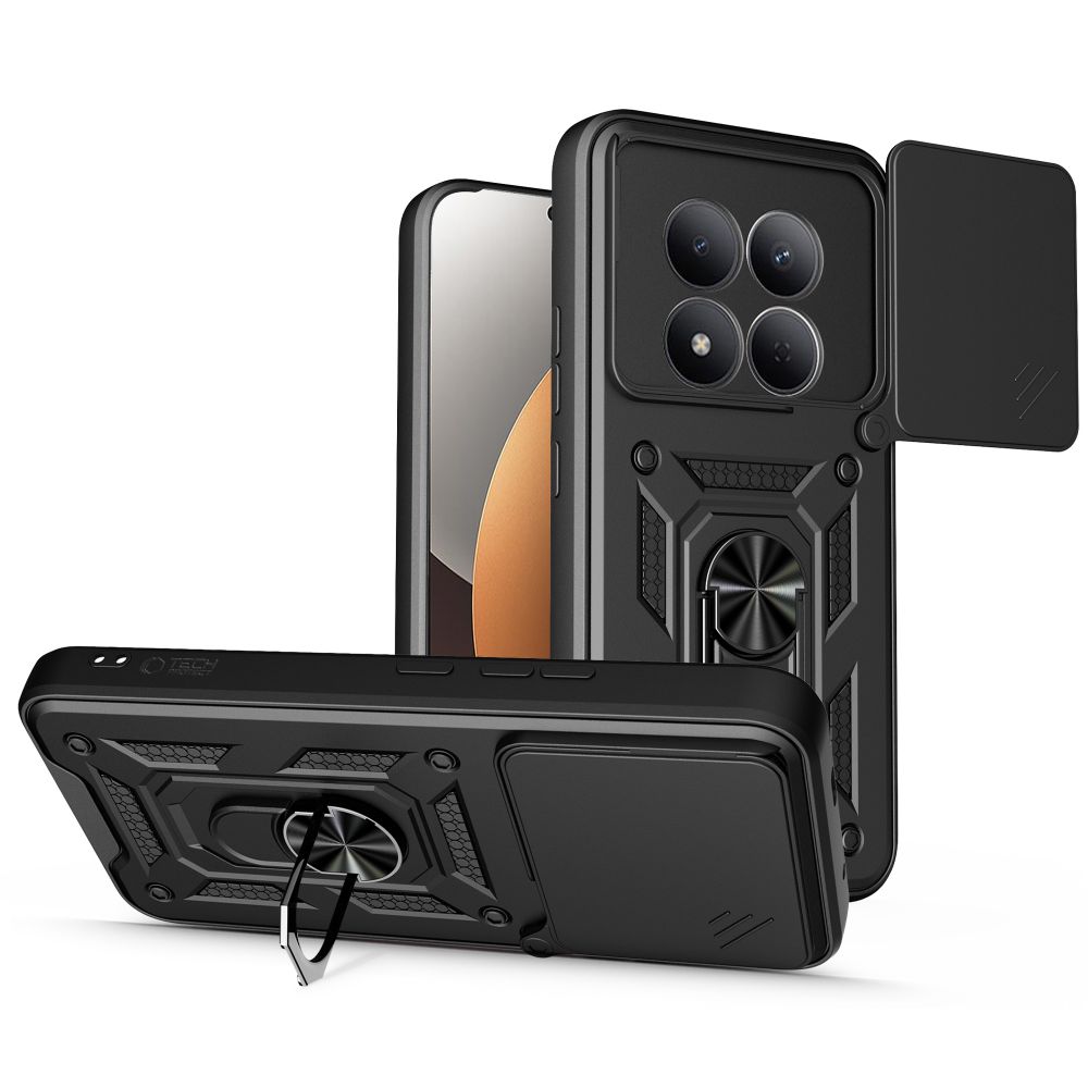 Telefontok Xiaomi Redmi Note 15 Pro+ Plus 5G - Camshield - fekete szilikon tok, kitámasztó ujjgyűrűvel, csúsztatható kameravédővel