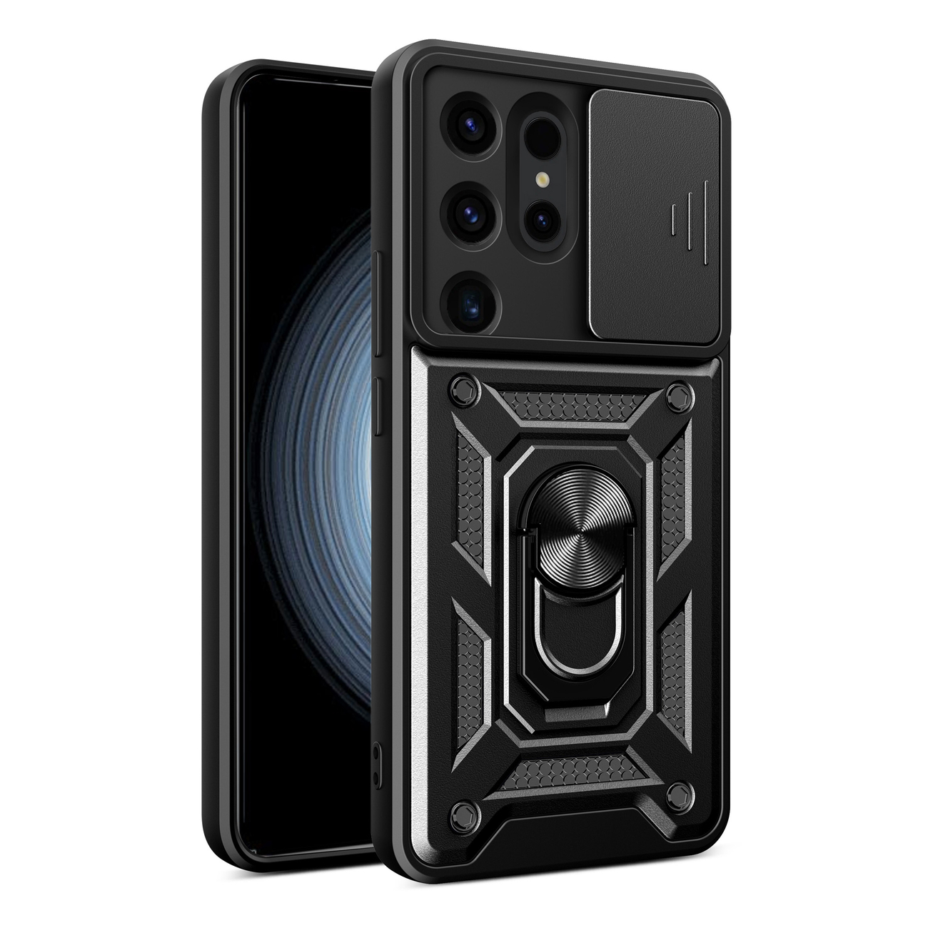 Telefontok Samsung Galaxy S26 Ultra - Camshield - fekete szilikon tok, kitámasztó ujjgyűrűvel, csúsztatható kameravédővel