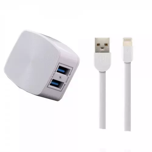 Telefon töltő: Remax RP-U215 2 USB fehér hálózati töltőfej EU 2.4A + Lightning adatkábel