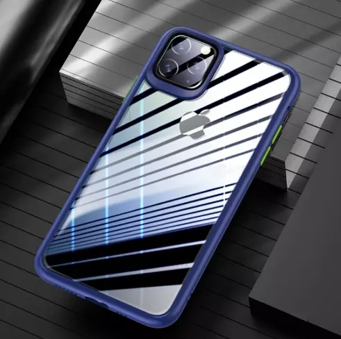 Telefontok iPhone 11 - USAMS átlátszó plexi tok kék szilikon kerettel