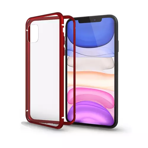 Telefontok iPhone 11 PRO MAX - Magnetic piros, mágneses fém keretes tok, átlátszó üveg hátlappal