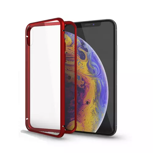 Telefontok Samsung Galaxy A50 - Magnetic piros, mágneses fém keretes tok, átlátszó üveg hátlappal