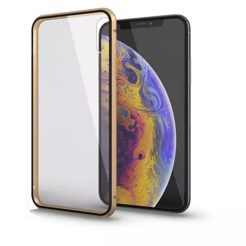 Telefontok iPhone 11 - Magnetic arany, mágneses fém keretes tok, átlátszó üveg elő- és hátlappal
