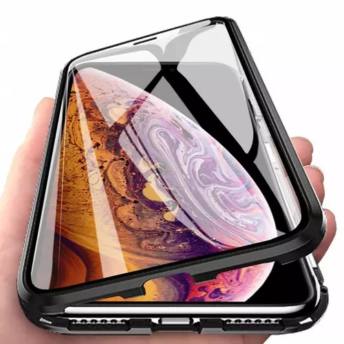 Telefontok iPhone 11 - mágnesesen záródó tok, fekete fém kerettel, átlátszó üveg hát- és előlappal