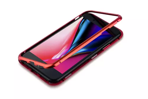 Telefontok iPhone 7 / 8 - Magnetic piros, mágneses fém keretes tok, átlátszó üveg hátlappal