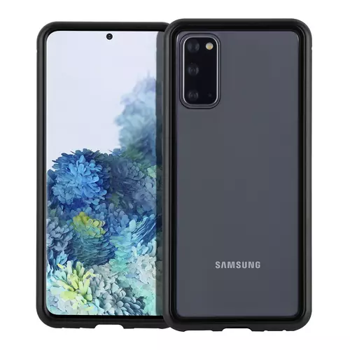 Telefontok Samsung Galaxy S20 - mágnesesen záródó hátlaptok, fekete fém kerettel és átlátszó üveg hátlappal