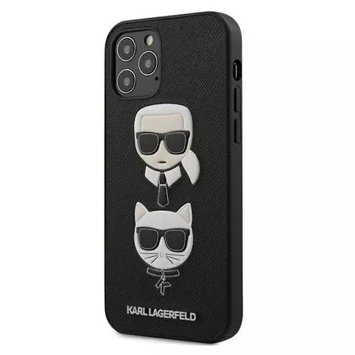 Telefontok iPhone 12 - Karl Lagerfeld Saffiano Ikonik Karl&Choupette Head fekete hátlap tok