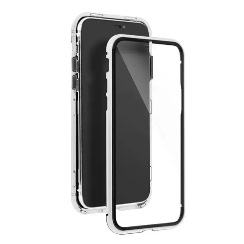 Telefontok iPhone 12 - Magneto ezüst, mágneses fém keretes tok, átlátszó üveg elő + hátlappal