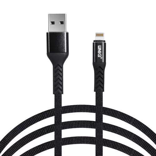 Kábel: UNIQ - fekete szövet lightning / USB gyorstöltő 2m kábel, 2,1A