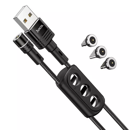 Töltő: HOCO U98 - 3in1 USB fekete szövetkábel, cserélhető mágneses Type-C/MicroUSB/Lightning fejekkel,2,4A