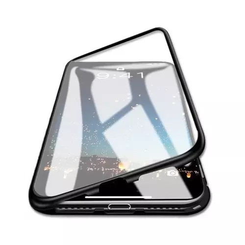 Telefontok Samsung Galaxy M22 - Magneto fekete, mágneses fém keretes tok, átlátszó üveg elő + hátlappal