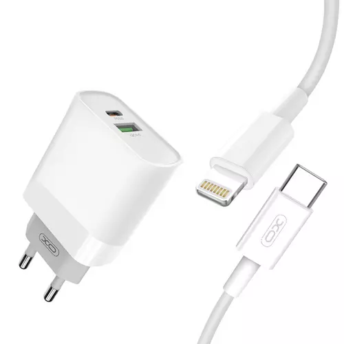 XO L65 - USB / Type-C (USB-C) fehér hálózati töltőfej + Lightning / Type-C kábel, fehér 18W