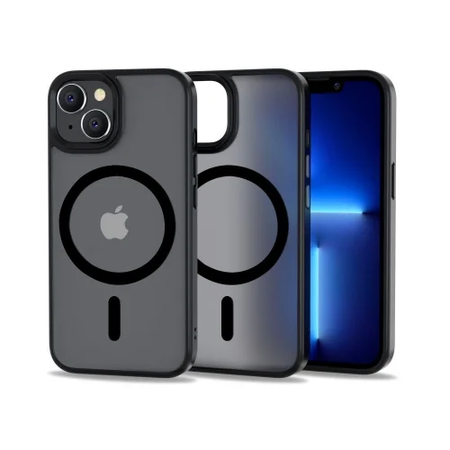 Telefontok iPhone 14 - Tech-Protect Magmat MagSafe kompatibilis áttetsző műanyag hátlap tok, fekete szilikon kerettel