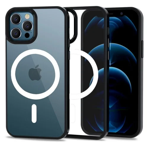 Telefontok iPhone 12 - Tech-Protect Magmat MagSafe kompatibilis átlátszó műanyag hátlap tok, fekete szilikon kerettel