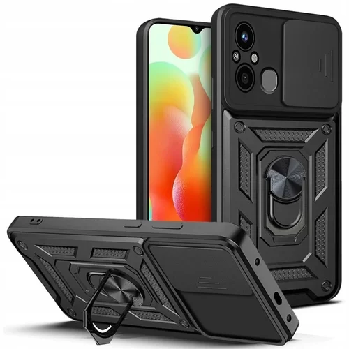 Xiaomi Redmi 12C Telefontok - Camshield - fekete szilikon tok, kitámasztó ujjgyűrűvel, csúsztatható kameravédővel