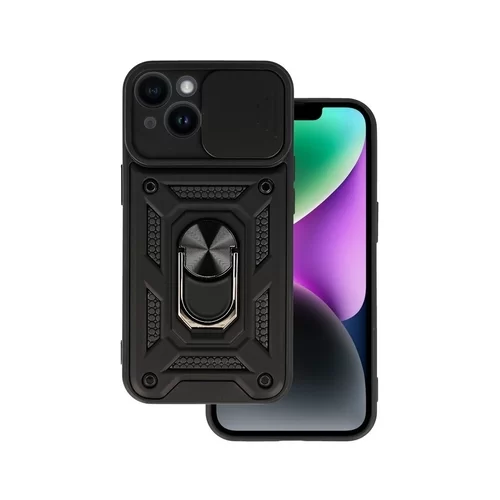 iPhone 15 Telefontok - Camshield - fekete szilikon tok, kitámasztó ujjgyűrűvel, csúsztatható kameravédővel