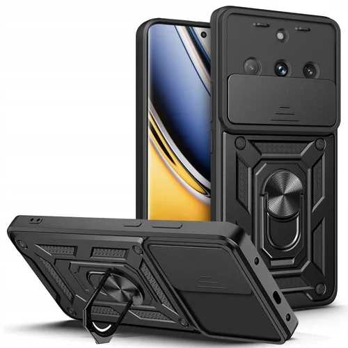 Telefontok Realme 11 Pro+ 5G - Camshield - fekete szilikon tok, kitámasztó ujjgyűrűvel, csúsztatható kameravédővel