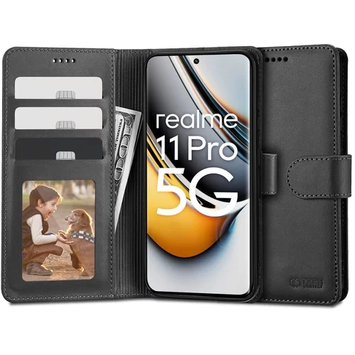 Telefontok Realme 11 Pro+ 5G - fekete ráhajtófüles bőr könyvtok 