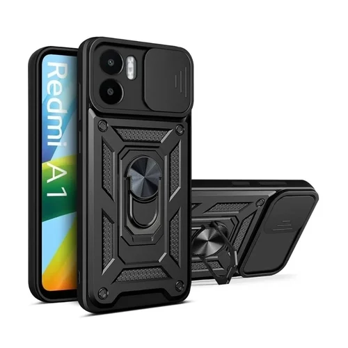 Xiaomi Redmi A2 Telefontok - Camshield - fekete szilikon tok, kitámasztó ujjgyűrűvel, csúsztatható kameravédővel