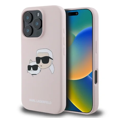 iPhone 16 Pro telefontok - Karl Lagerfeld és Choupette Head - MagSafe kompatibilis pink hátlap tok