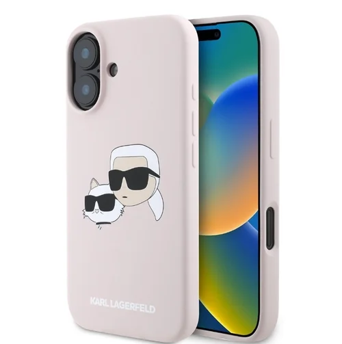 iPhone 16 telefontok - Karl Lagerfeld és Choupette Head - MagSafe kompatibilis pink hátlap tok