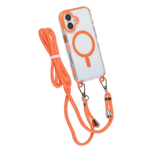 Telefontok iPhone 16 - MagSafe kompatibilis átlátszó/narancs nyakbaakasztós hátlap tok